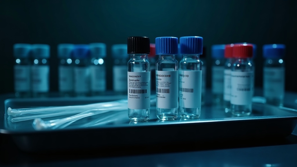 Tubos de muestras de ADN y kits estériles de recolección en laboratorio de genética forense