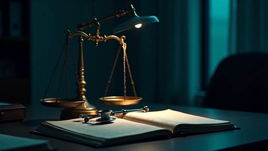 Balanza de la justicia y estetoscopio sobre informes médicos en un escritorio de medicina forense