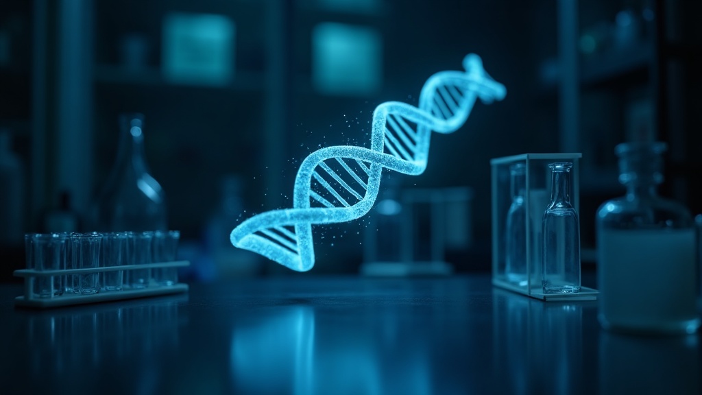 Representación de la doble hélice de ADN sobre material de laboratorio de genética forense