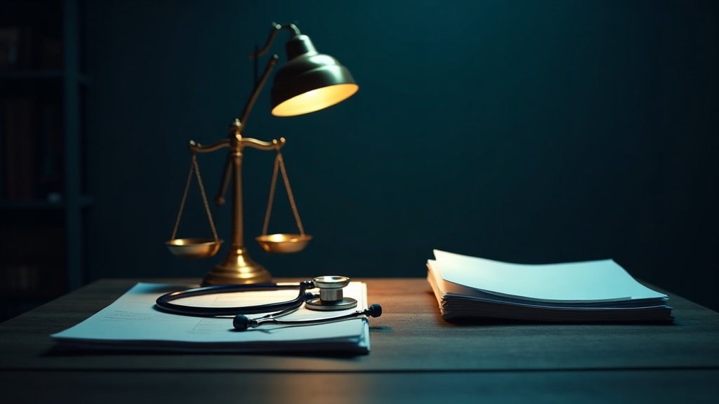 Balanza de la justicia y estetoscopio sobre informes médicos en un escritorio de medicina forense