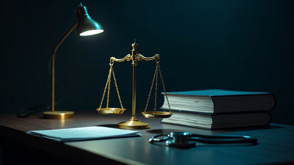 Balanza de la justicia y estetoscopio sobre informes médicos en un escritorio de medicina forense