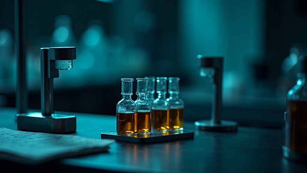Laboratorio de toxicología forense con tubos de ensayo y alcoholímetro