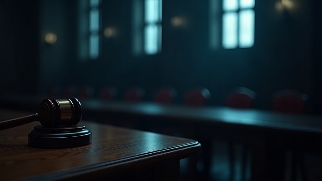 Sala de audiencias con mazo judicial, escenario del peritaje forense ante la justicia