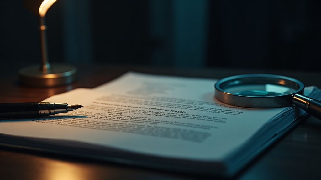 Informe pericial empastado con lupa y pluma sobre el escritorio del perito forense