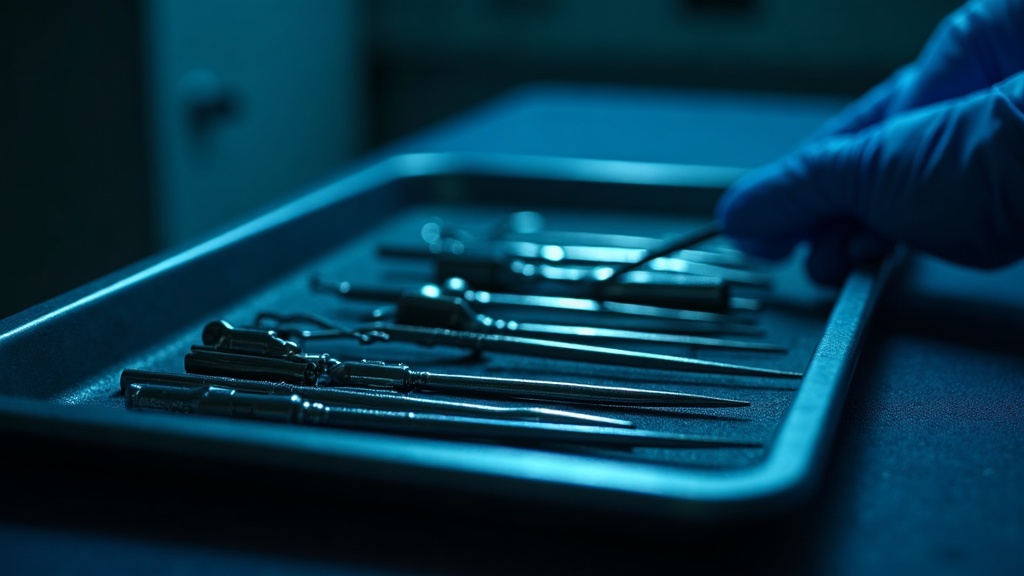 Instrumental de patología forense ordenado en bandeja quirúrgica