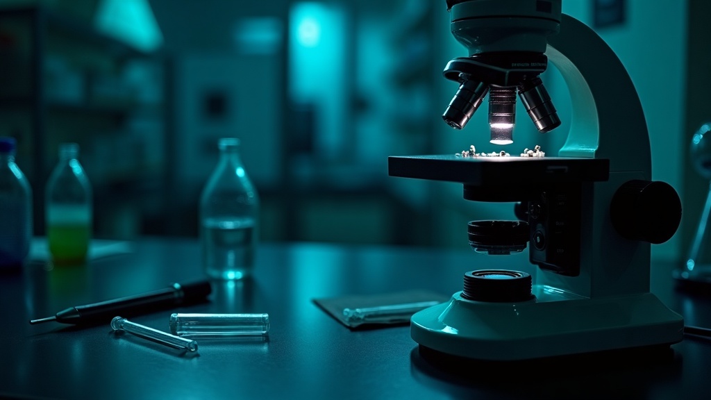 Microscopio de laboratorio forense con portaobjetos e instrumental científico