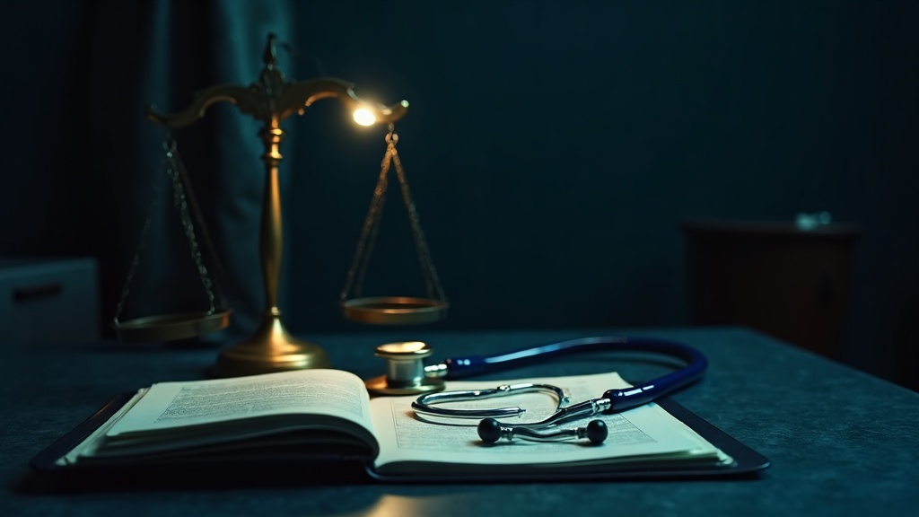 Balanza de la justicia y estetoscopio sobre informes médicos en un escritorio de medicina forense