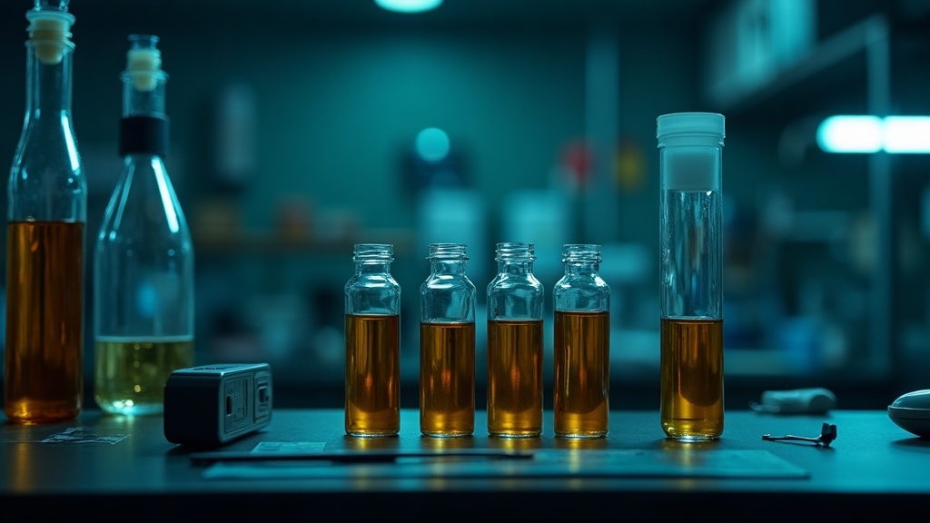 Laboratorio de toxicología forense con tubos de ensayo y alcoholímetro