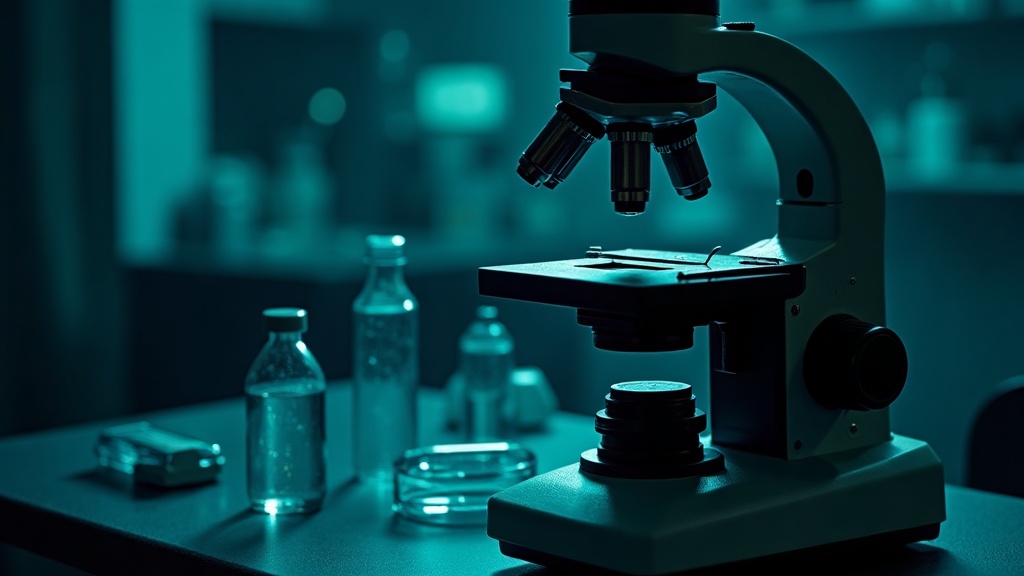 Microscopio de laboratorio forense con portaobjetos e instrumental científico