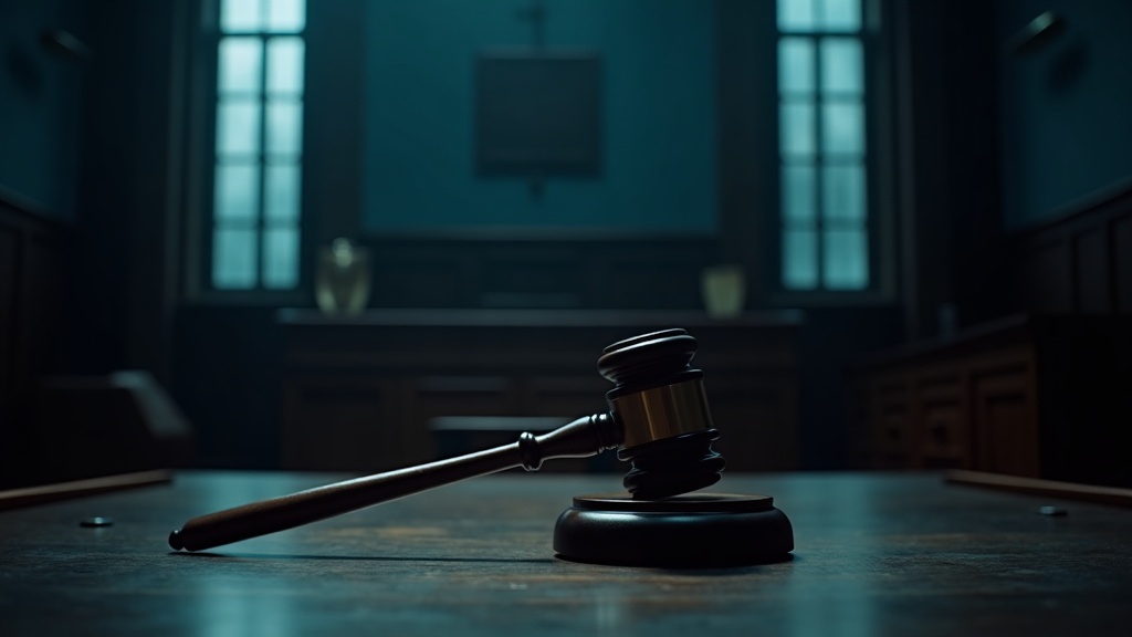 Sala de audiencias con mazo judicial, escenario del peritaje forense ante la justicia