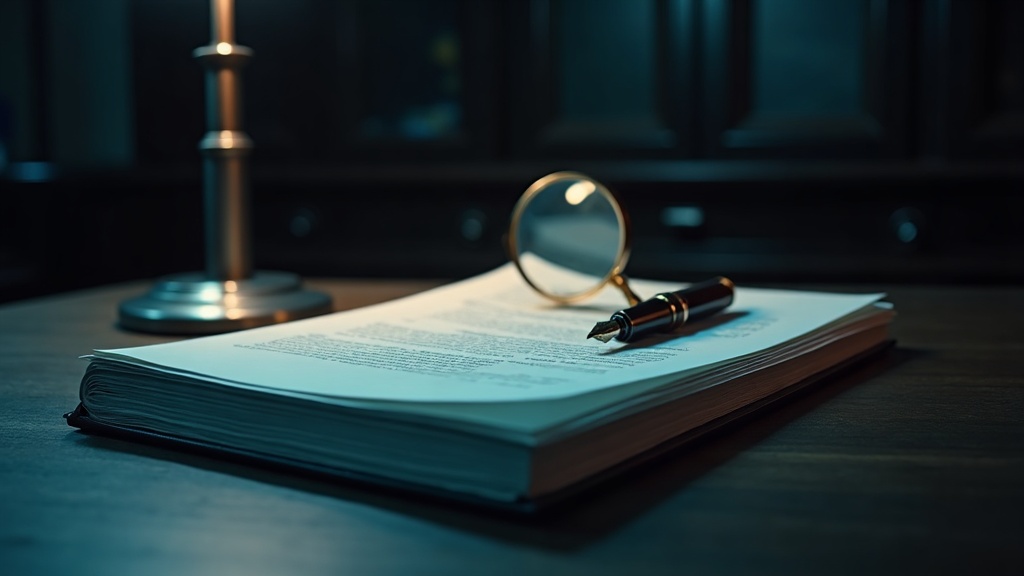 Informe pericial empastado con lupa y pluma sobre el escritorio del perito forense