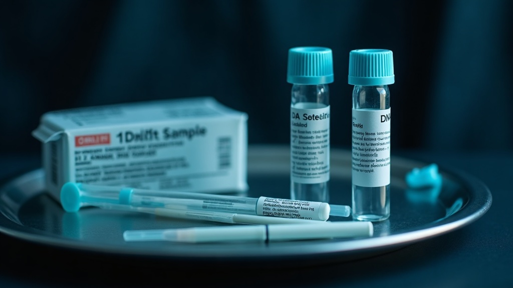 Tubos de muestras de ADN y kits estériles de recolección en laboratorio de genética forense