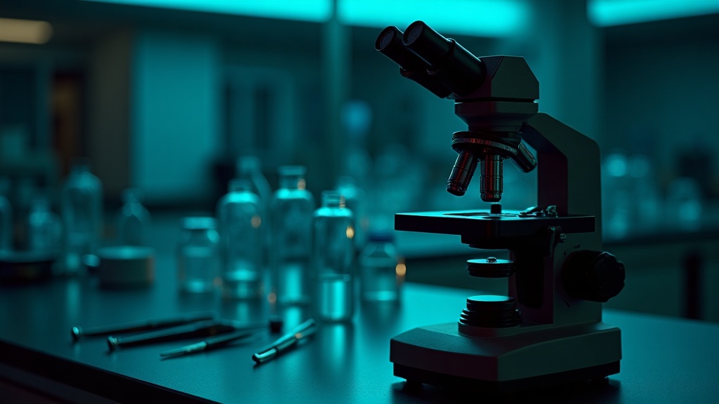 Microscopio de laboratorio forense con portaobjetos e instrumental científico