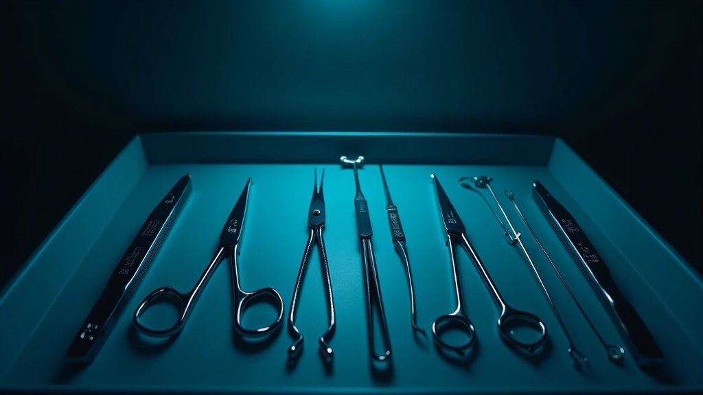 Instrumental de patología forense ordenado en bandeja quirúrgica