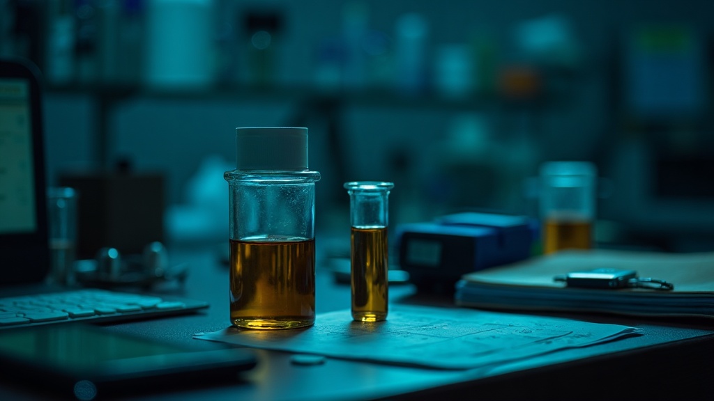 Laboratorio de toxicología forense con tubos de ensayo y alcoholímetro