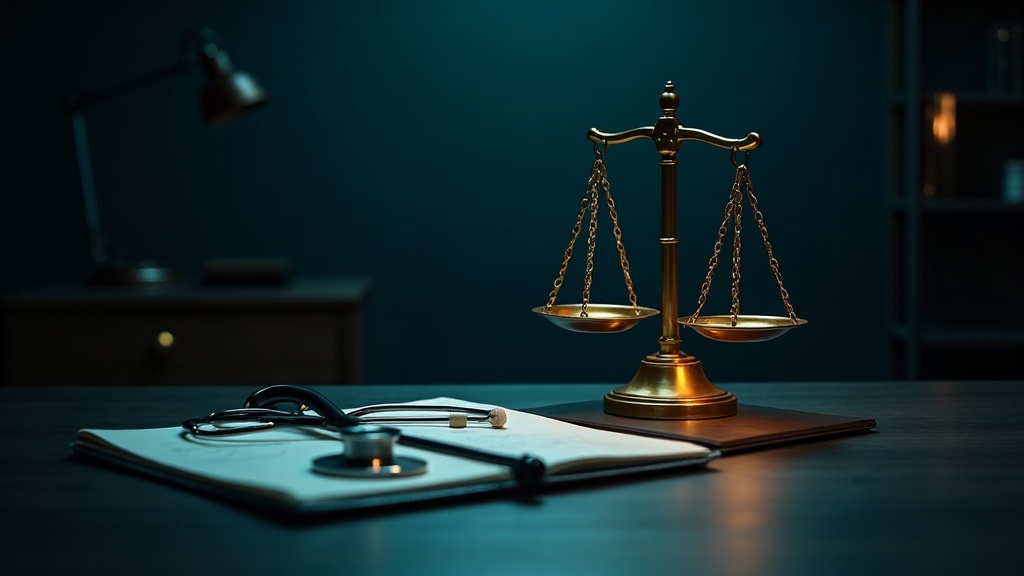 Balanza de la justicia y estetoscopio sobre informes médicos en un escritorio de medicina forense