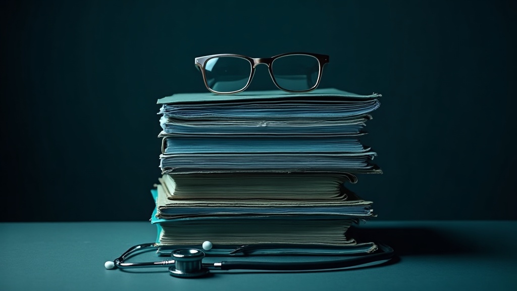Historia clínica apilada con estetoscopio, base del peritaje en responsabilidad médica