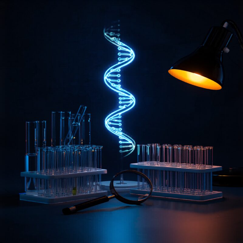 Genética forense — doble hélice de ADN, tubos de ensayo y lupa.