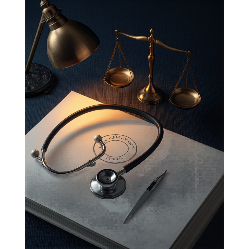 Medicina forense — estetoscopio, balanza y libro de medicina legal.