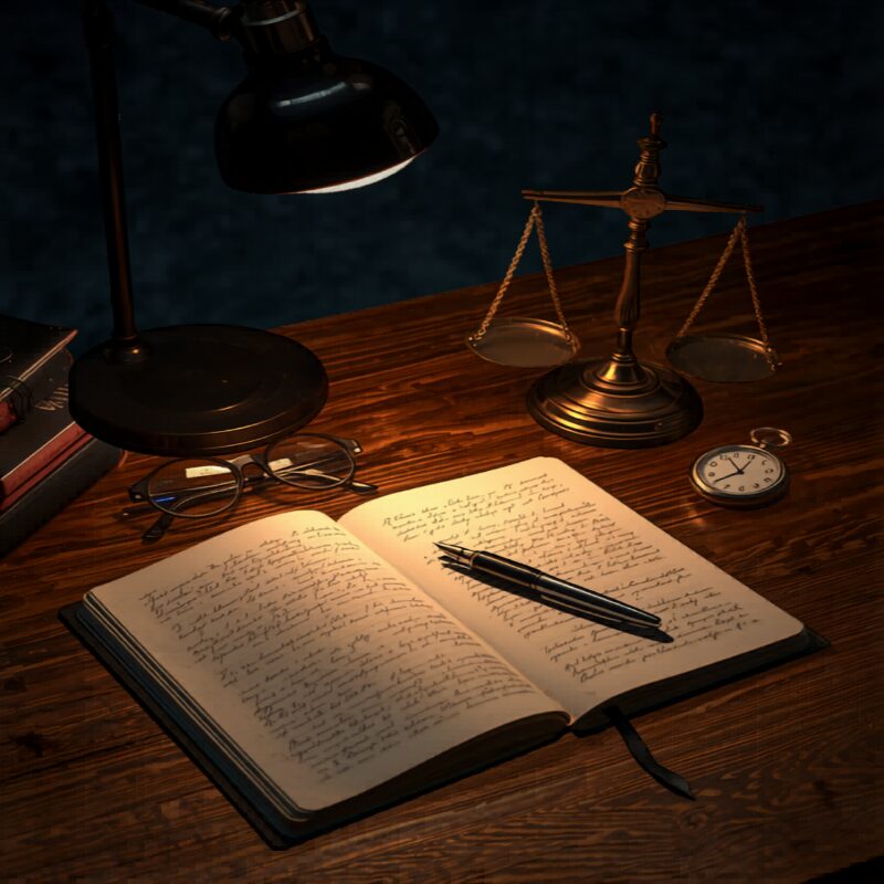 Psicología forense — libreta de notas, balanza y reloj.