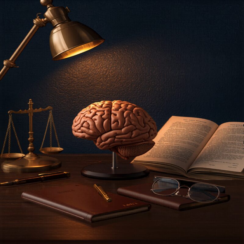 Psiquiatría forense — modelo de cerebro, balanza y libro de evaluación.
