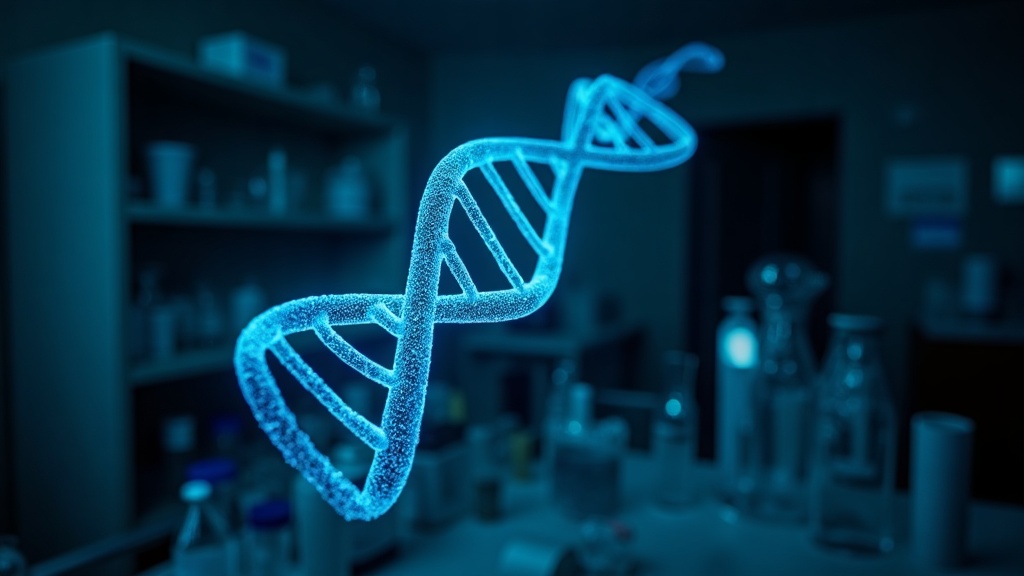 Representación de la doble hélice de ADN sobre material de laboratorio de genética forense