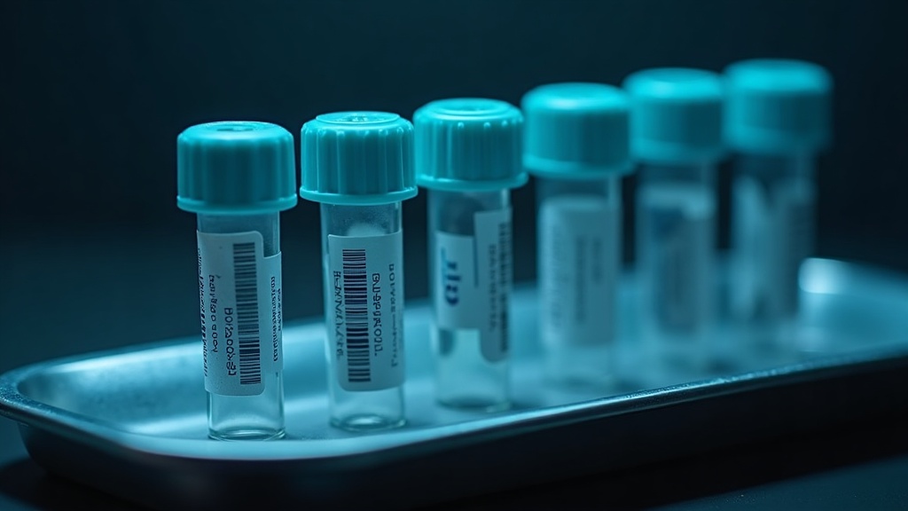 Tubos de muestras de ADN y kits estériles de recolección en laboratorio de genética forense