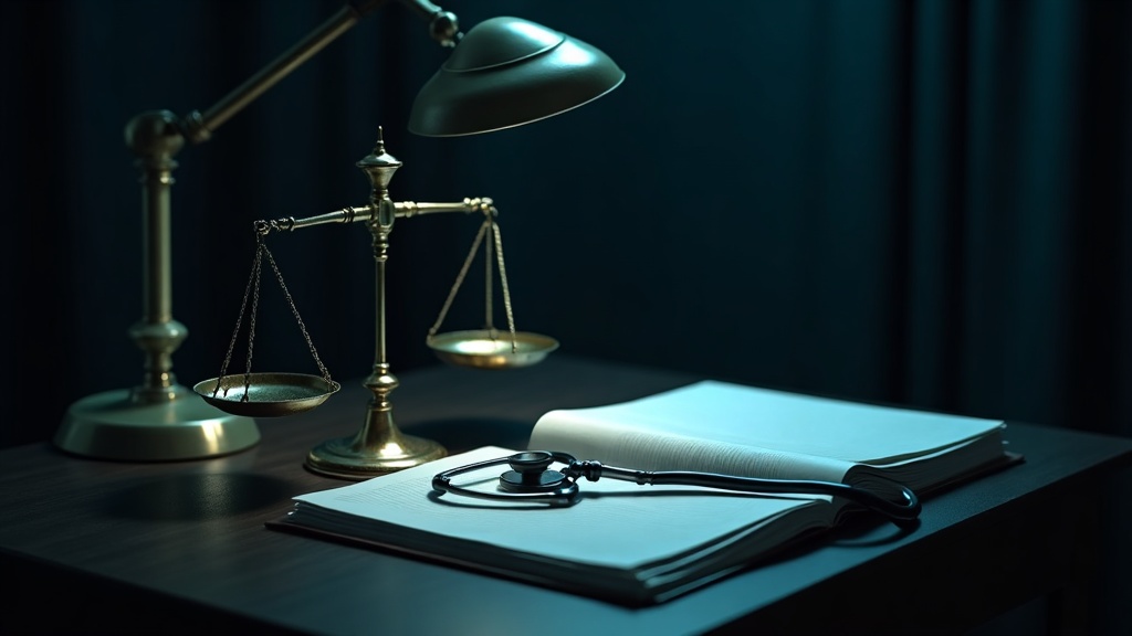 Balanza de la justicia y estetoscopio sobre informes médicos en un escritorio de medicina forense