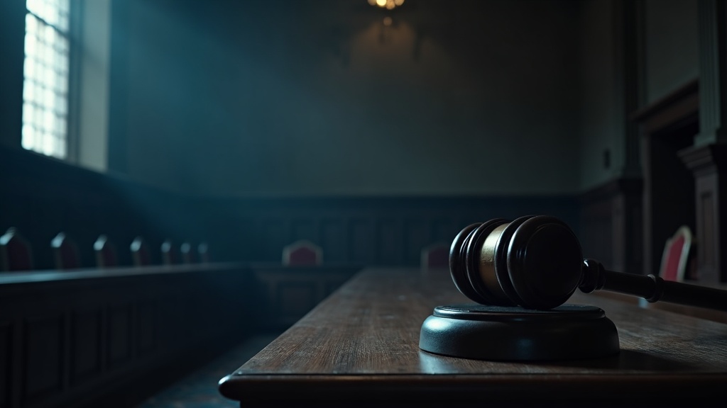 Sala de audiencias con mazo judicial, escenario del peritaje forense ante la justicia