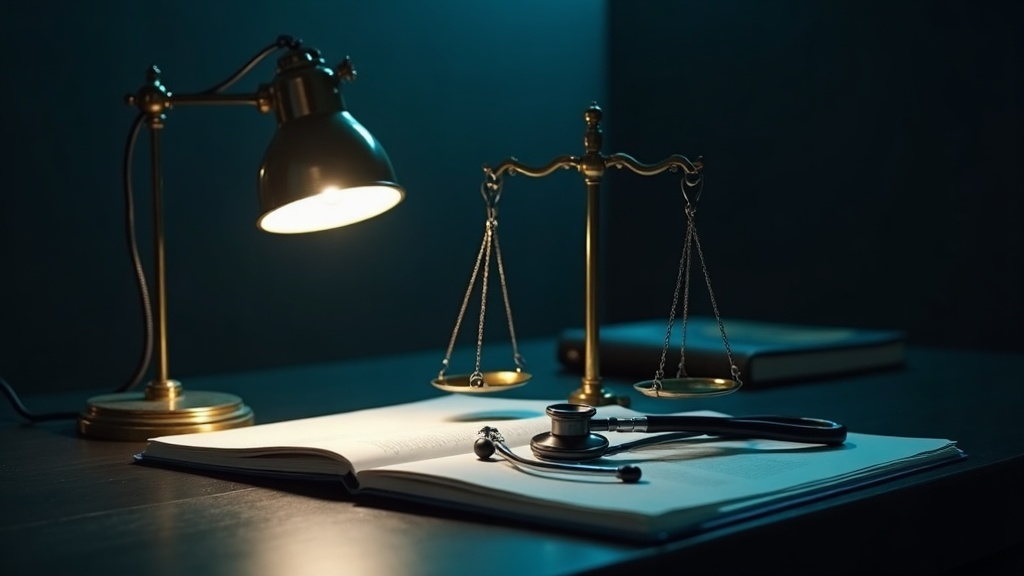 Balanza de la justicia y estetoscopio sobre informes médicos en un escritorio de medicina forense