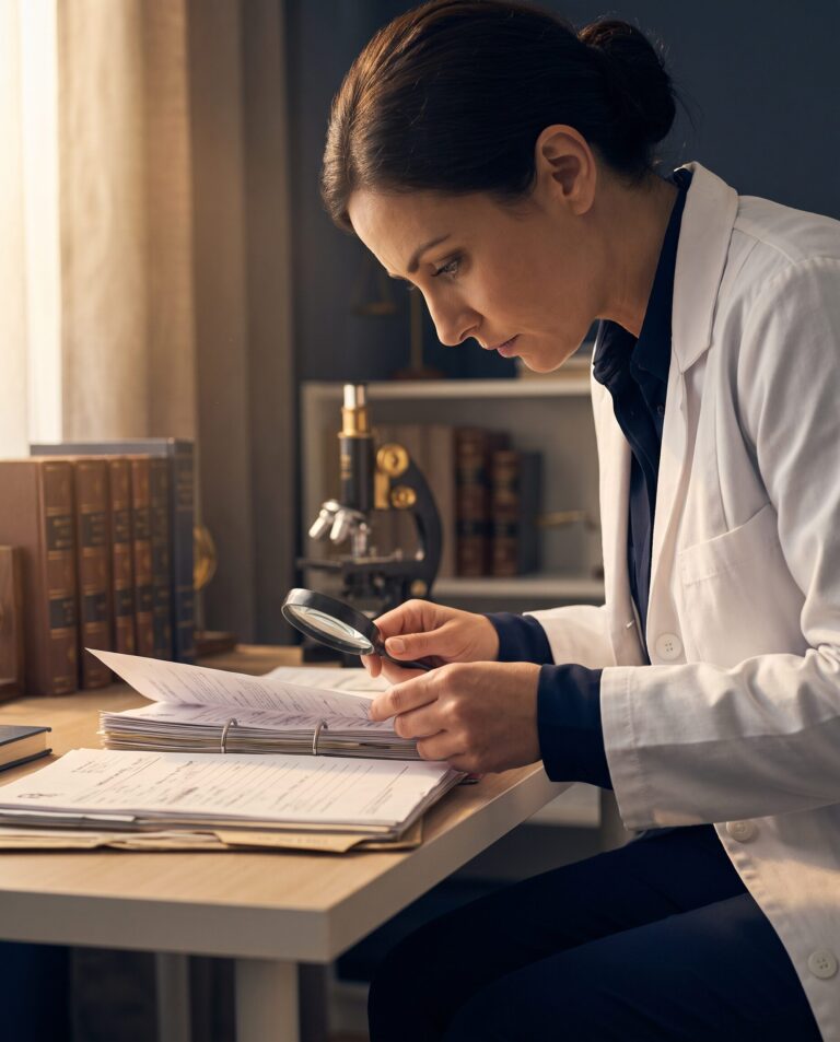 Perito del Centro de Especialistas Forenses revisando un expediente con lupa